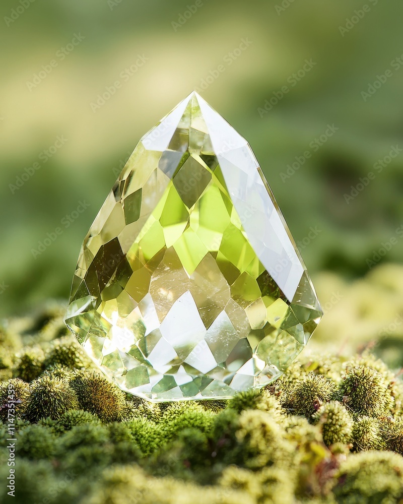 Poster intricately faceted peridot crystal displayed on soft moss nature close-up view serenity concept