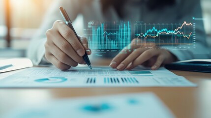 A person analyzing financial data while taking notes, with digital graphs and statistics overlaying printed charts.