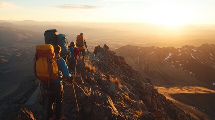 Fototapeta premium Hikers ascend mountain ridge at sunset.