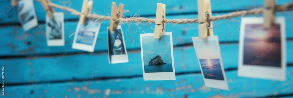 Poster Creative display of vintage polaroid photos hanging on a string against a vibrant blue wooden background. Generative AI