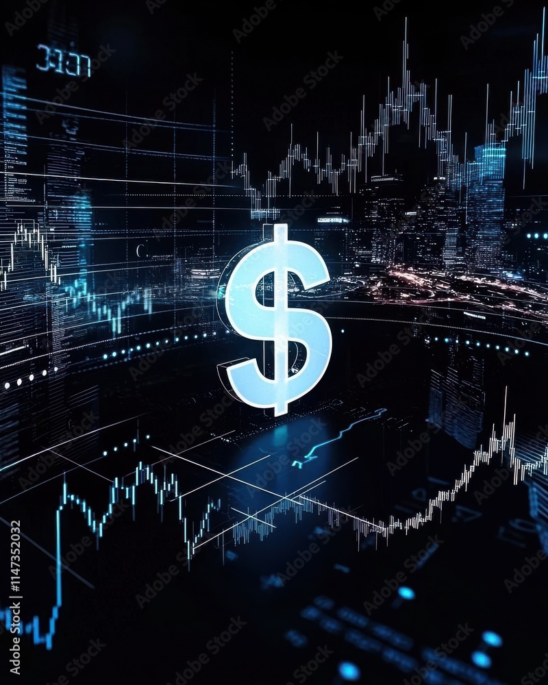 Poster dynamic financial insights sleek glowing dollar sign in urban setting data visualization nighttime e