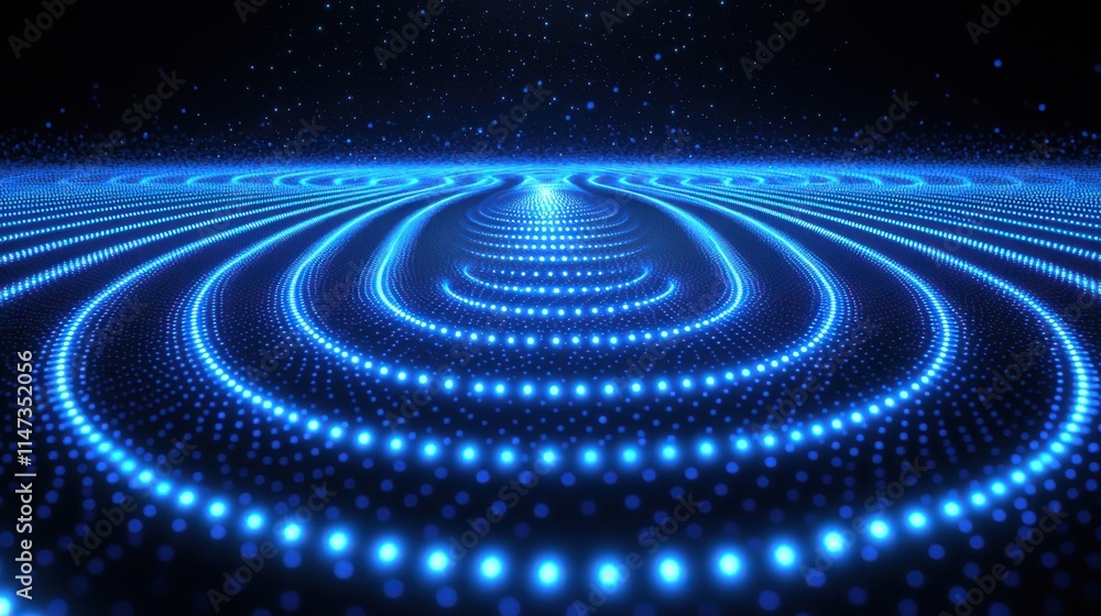 Poster pulsating blue light waves radiating in concentric circles digital space abstract art dark environme