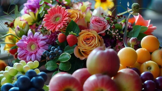 Defocused arrangements of flowers and fruits adding a touch of natural beauty to the brunch scene