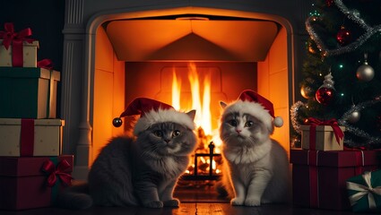Two cats in front of the fireplace feel the warm and comfortable Christmas atmosphere