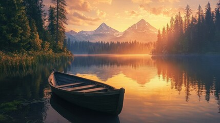 A serene lake at sunset, featuring a boat in the foreground, surrounded by majestic mountains and lush forests reflecting in the calm water.
