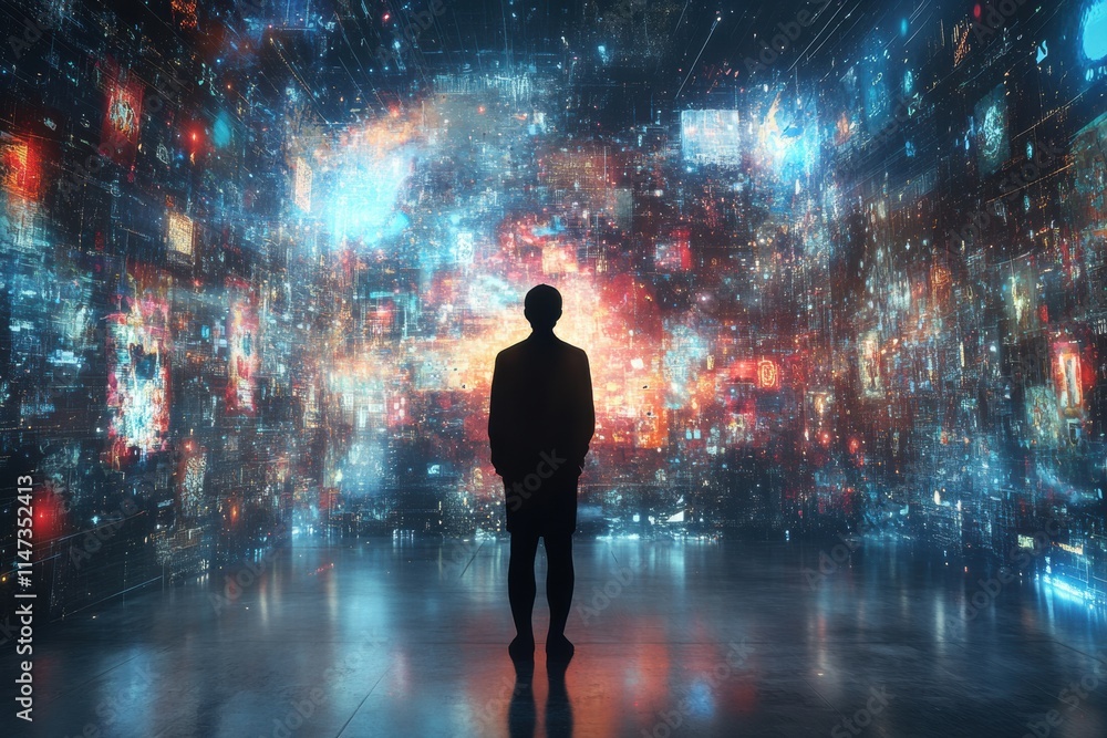 Leinwandbilder A visitor stands in a digital gallery, surrounded by colorful virtual artworks and dynamic displays that create an engaging experience. Generative AI