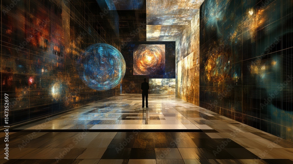 Aufkleber visitors explore a virtual gallery filled with striking digital artworks while interacting with life