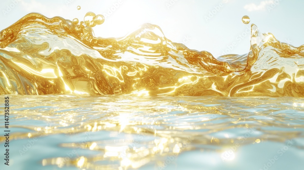 Poster liquid gold cascading into tranquil pool nature scene dynamic motion serene environment close-up vie