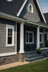 Obraz premium Gray house exterior with white trim, stone foundation, and a covered porch supported by white columns. The porch has stone steps and two black chairs. Landscaping is visible.