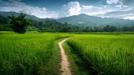 Obraz premium Serene Rice Paddy Path: A Journey Through Lush Green Fields and Rolling Hills
