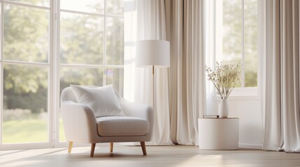 Minimalist living room with modern, understated decor. Featuring an open, airy layout