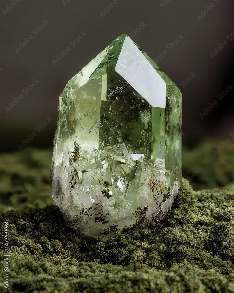Poster intricate peridot crystal display soft moss background close-up natural environment artistic perspec