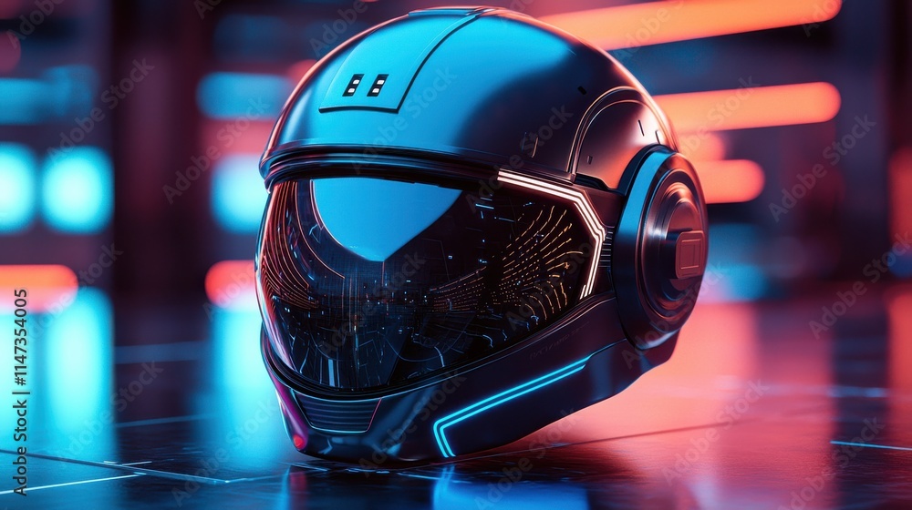 Poster futuristic reflective helmet displayed on a high-tech table in a neon environment futuristic concept
