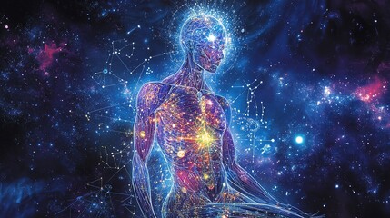 A human body adorned with intricate zodiac symbols, each sign vividly represented in vibrant colors and celestial motifs. An ethereal glow surrounds the figure, set against a cosmic background filled 