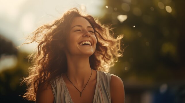 Golden Hour Glow: Carefree Woman Smiling - Made with Generative AI