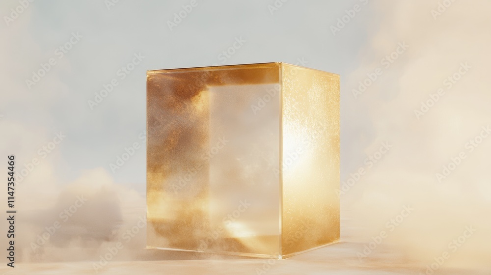 Poster light refraction event with transparent glass cube ethereal setting artistic display aerial view