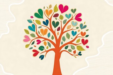 Valentine frame with colorful spring tree with hearts and flowers isolated on a white background.