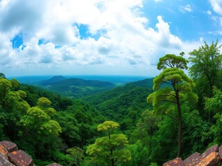 Obraz premium Lush green forest with a wide-angle perspective, showcasing towering trees, dense foliage, and a serene atmosphere, panoramic viewing angle, natural beauty, untouched