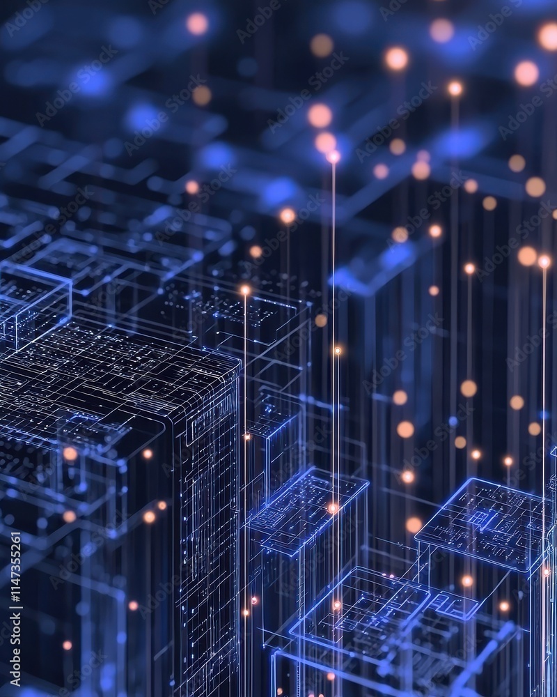 Poster illuminated tech grid visualization with scattered light points rising in digital space