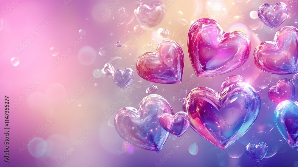 Poster colorful transparent hearts with bubbles on a soft gradient background