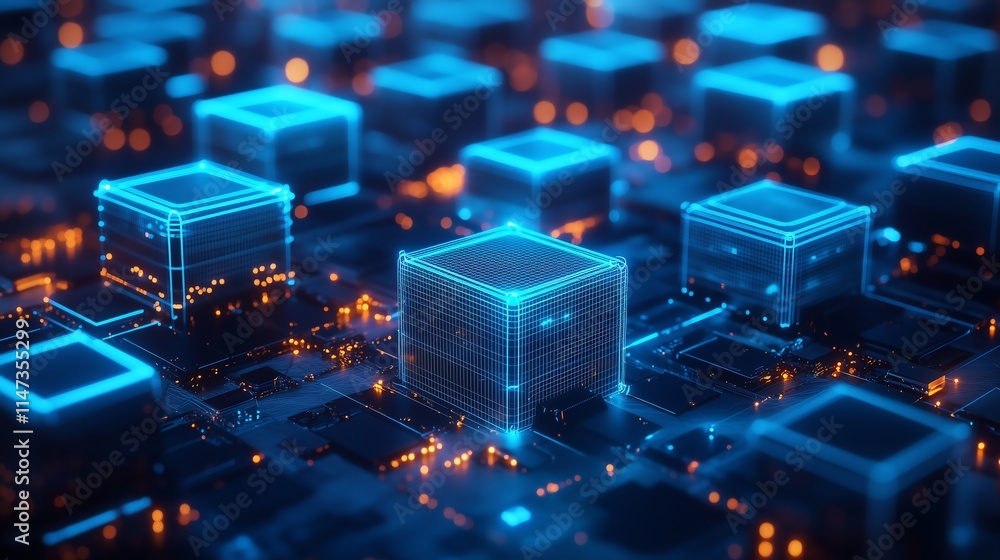 Poster sprawling futuristic storage complex with interconnected glowing blue wireframe structures in a mini