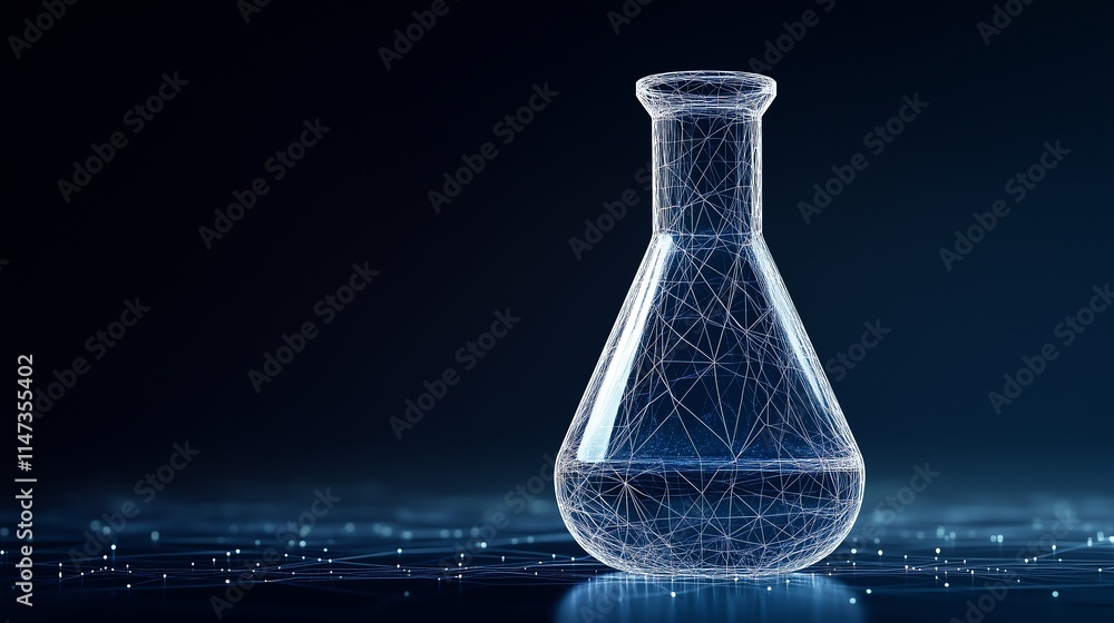 Poster a sleek, geometric laboratory glassware design with sharp lines and scientific precision, featuring 