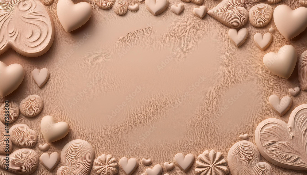 Aufkleber clean beige clay texture with heart imprints and romantic symbols, creating subtle background perfec
