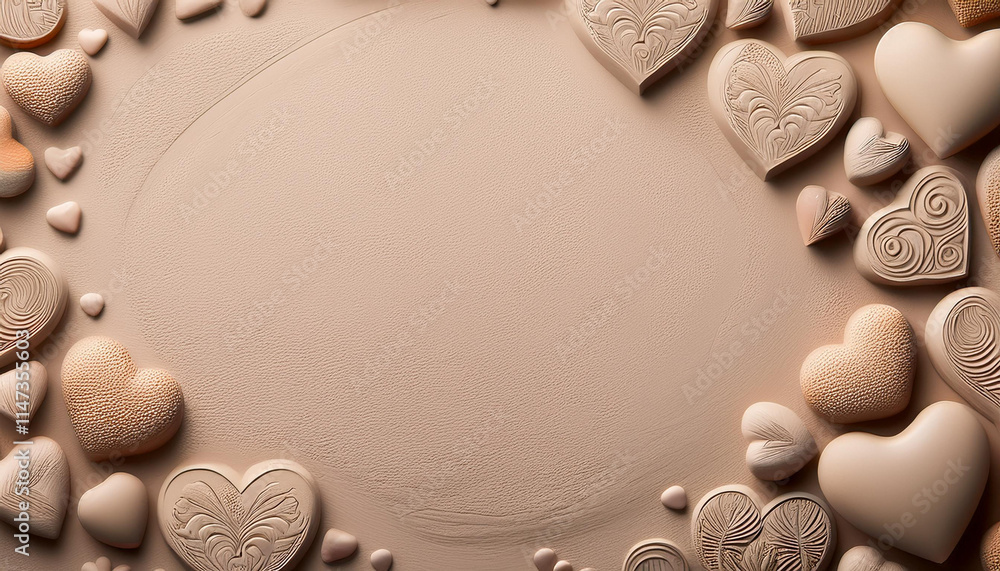 Aufkleber clean beige clay texture with heart imprints and romantic symbols, creating subtle background perfec