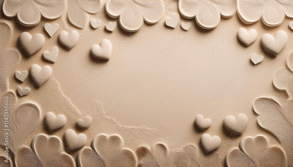 Aufkleber clean beige clay texture with heart imprints and romantic symbols, creating subtle background perfec