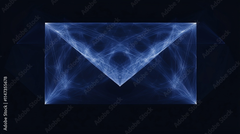 Poster minimalistic wireframe representation of an email envelope with geometric shapes on a dark blue isol