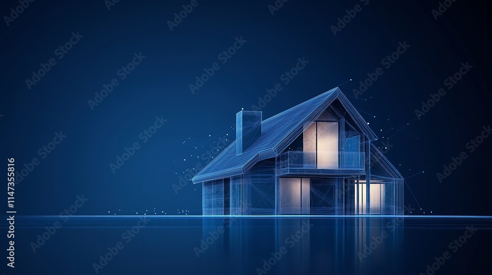 Poster wireframe design of a house with sharp geometric angles, set against a dark blue isolated background
