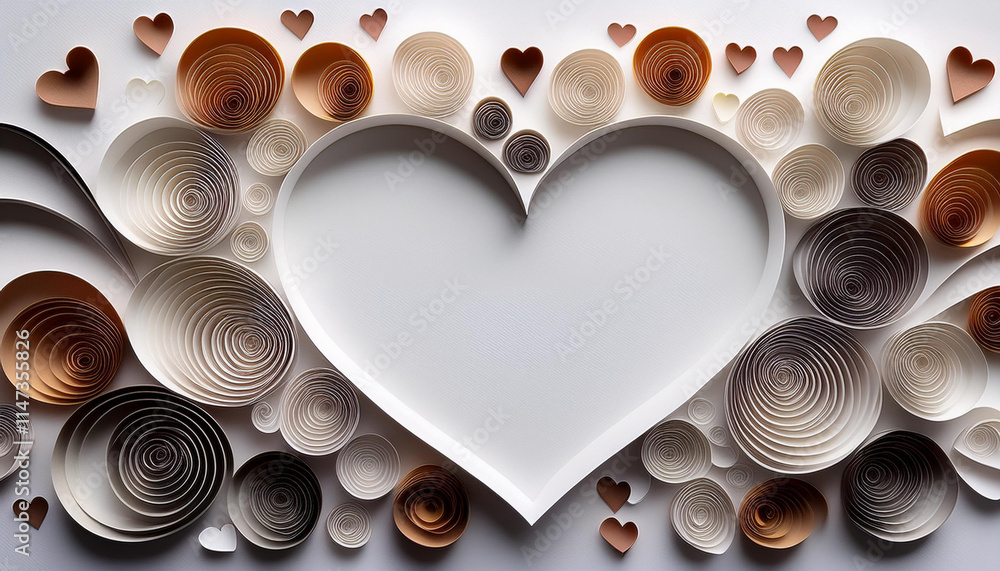 Poster layered paper swirls and geometric heart shapes create creative background, perfect for romantic the