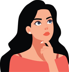 beautiful woman with her hand on her chin. She is thinking or has a question. flat vector illustration 