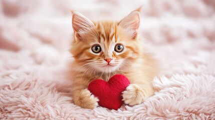 Cute orange kitten holding red heart on soft fluffy blanket