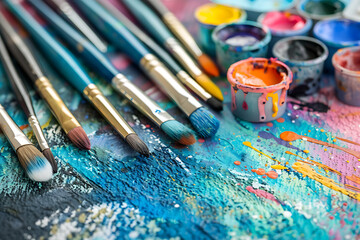 Fototapeta premium Artistic Expressions A Colorful Palette of Paint and Brushes Ready to Create