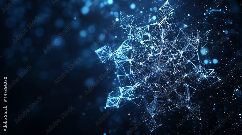 Poster low poly wireframe snowflake with intricate geometric patterns on dark blue background, isolated des
