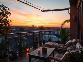 Fototapeta premium Cozy balcony adorned with warm lights, plants, and inviting seating, ideal for unwinding at sundown, relaxation, serenity, warm lights