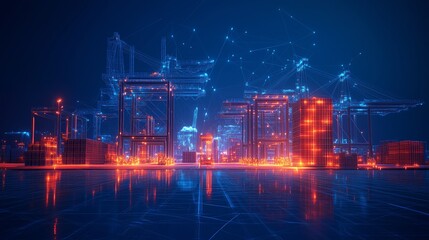 Naklejka premium Low Poly Wireframe Port Storage Facility with Detailed Cargo Containers, Cranes, and Shipping Docks, on Dark Blue Background, Highlighting Global Logistics and Trade in a Modern Digital Environment