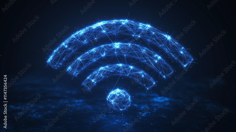 Poster low poly wireframe wireless signal with smooth geometric radiating arcs on dark blue background, iso