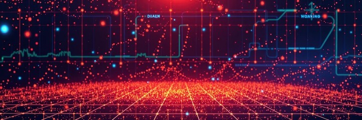 Futuristic cyberspace grid with glowing particles in a dark background, digital, concept, communication