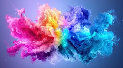 Fototapeta premium A vibrant multicolored ink cloud floats dynamically against a soft blue and purple gradient background.