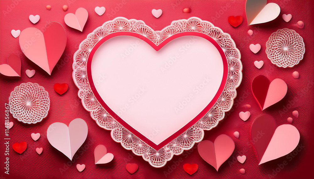 Poster pink and red themed background featuring intertwined paper hearts and delicate doily patterns create