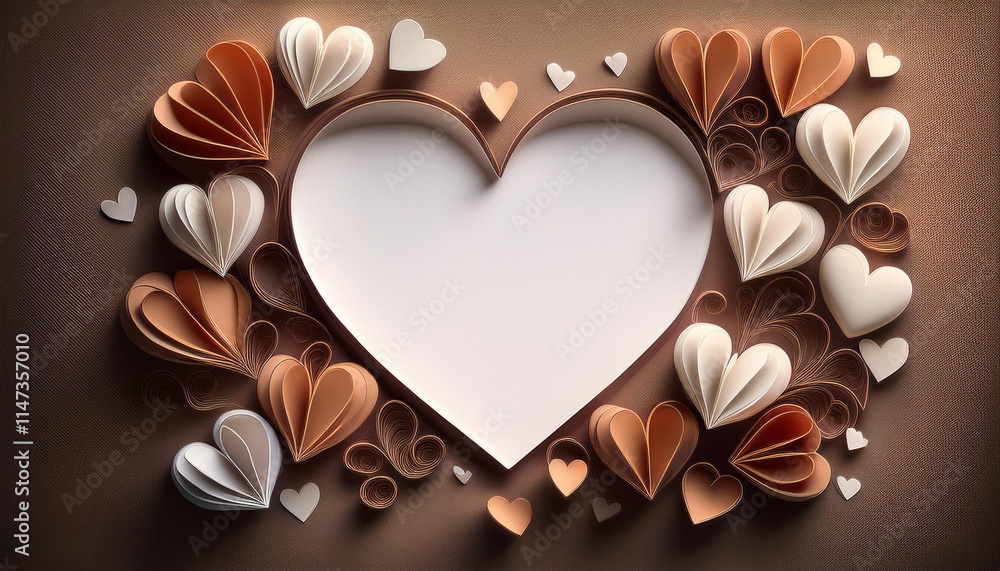 Poster romantic papercraft scene featuring intertwined 3d paper hearts in soft shades, creating warm and in
