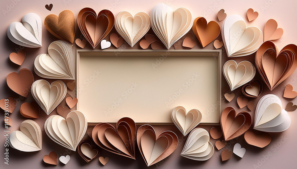 Poster romantic papercraft scene featuring intertwined 3d paper hearts in various shades, creating soft sha