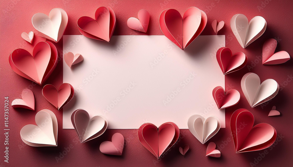 Poster romantic papercraft scene featuring intertwined 3d paper hearts in various shades of red and pink, c