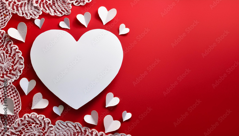 Poster simple red background adorned with papercraft lace cutouts in heart shapes, creating romantic and fe