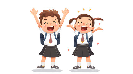 Fototapeta premium Happy school children celebrating in uniform, expressing joy and excitement with hands raised, showing enthusiasm for education and friendship in a cheerful environment.