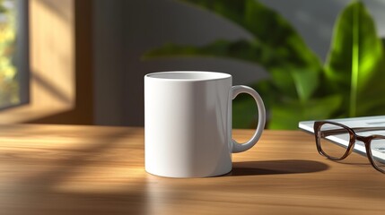 Fototapeta premium White Coffee Mug on a Wooden Table with Office Background. Generative AI
