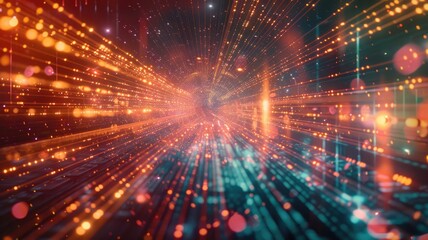Obraz premium Abstract picture of neon light particle with digital technology style design connecting become dynamic of electric wave movement represent about flowing of data or structure of network system. AIG53.