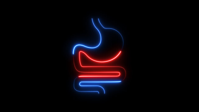 Neon, Glowing Stomach icon on black background. Gastroenterology Line Icon.